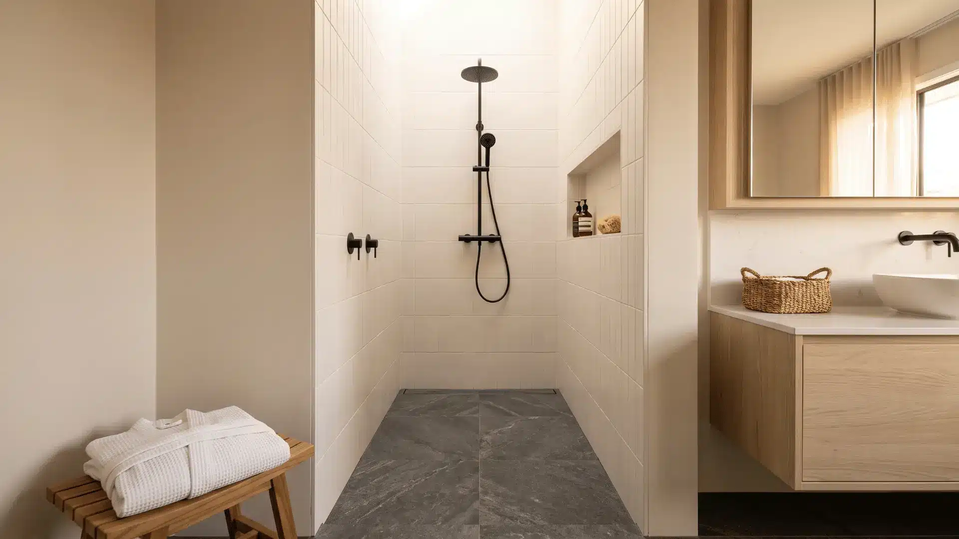 deep doorless shower alcove with rain head, niche, and dark stone floor