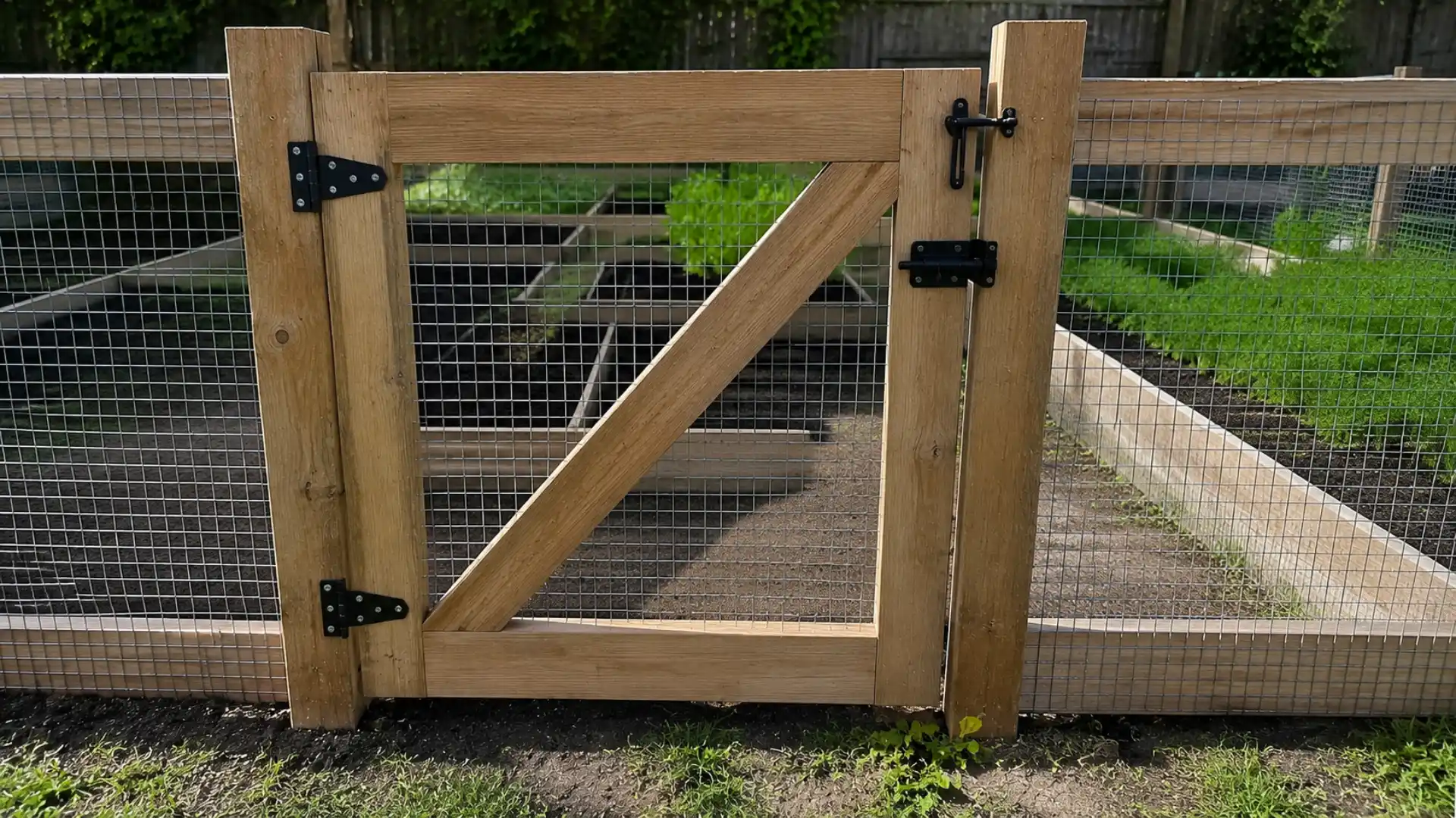 small wooden garden gate with a hinge and latch installed on a diy fence