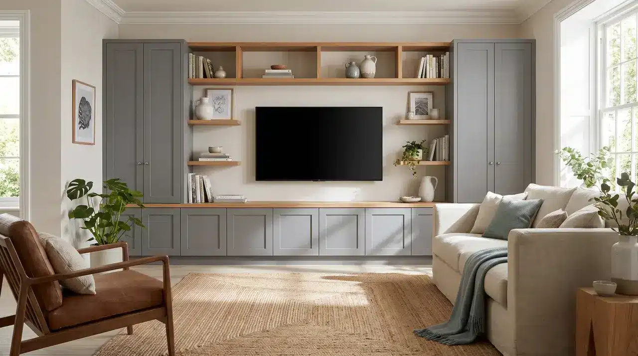 a built in tv and media unit with shelves and cabinets surrounding a wall mounted television