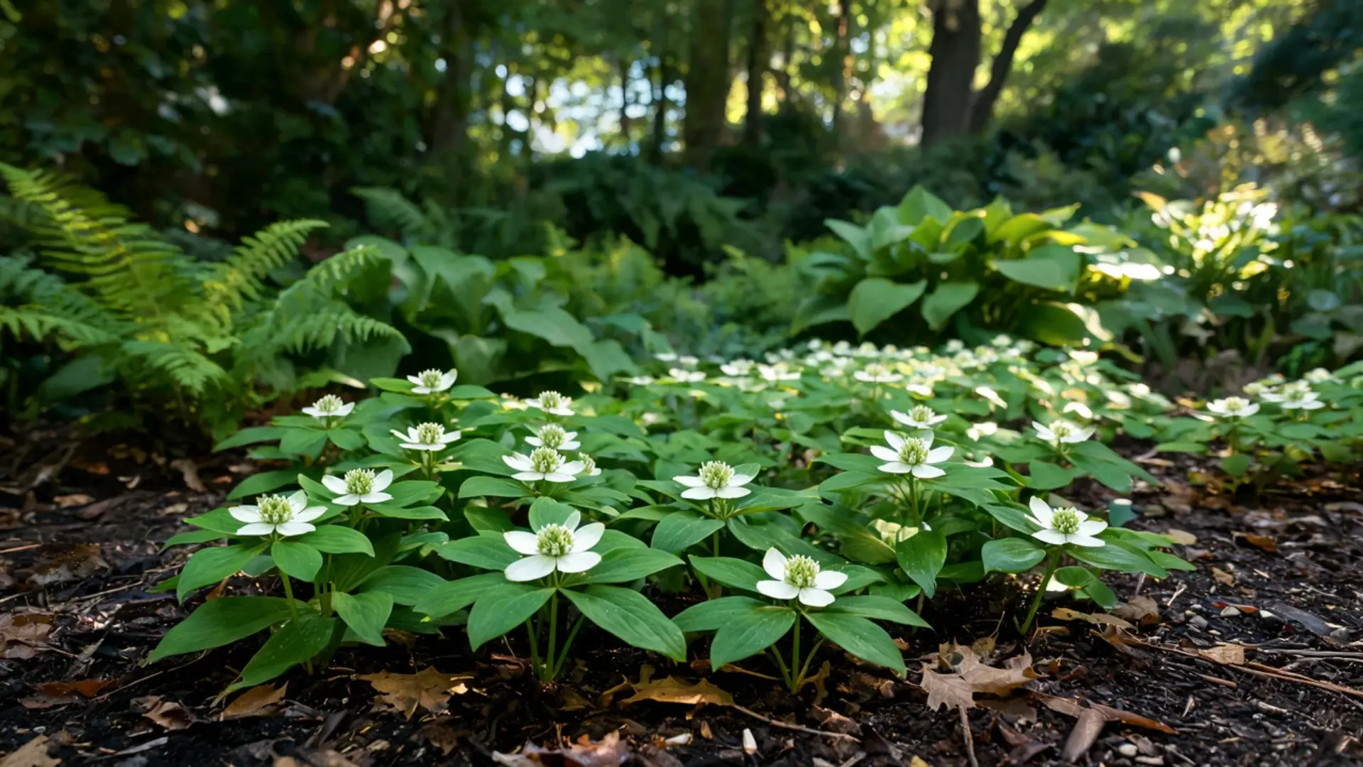 bunchberry ground cover with white star shaped flowers spreading low across a shaded woodland floor