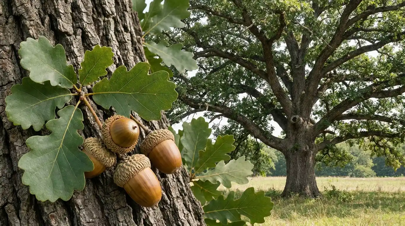bur oak tree with large leaves rugged bark and fringed acorns