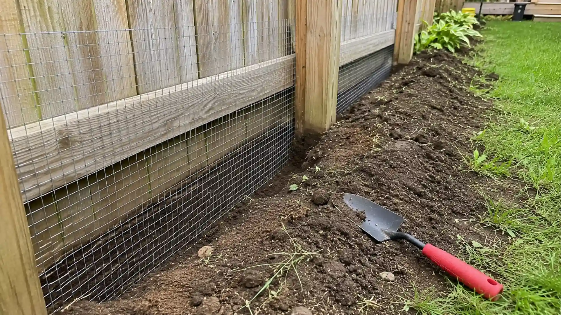 wire mesh buried in a shallow trench along the base of a garden fence with a trowel nearby