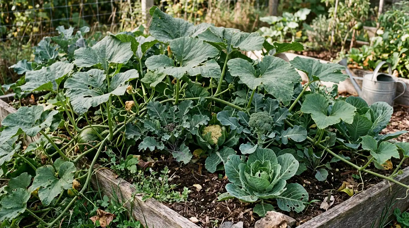 pumpkin vines crowd cabbage, broccoli, and cauliflower in a packed raised vegetable garden bed
