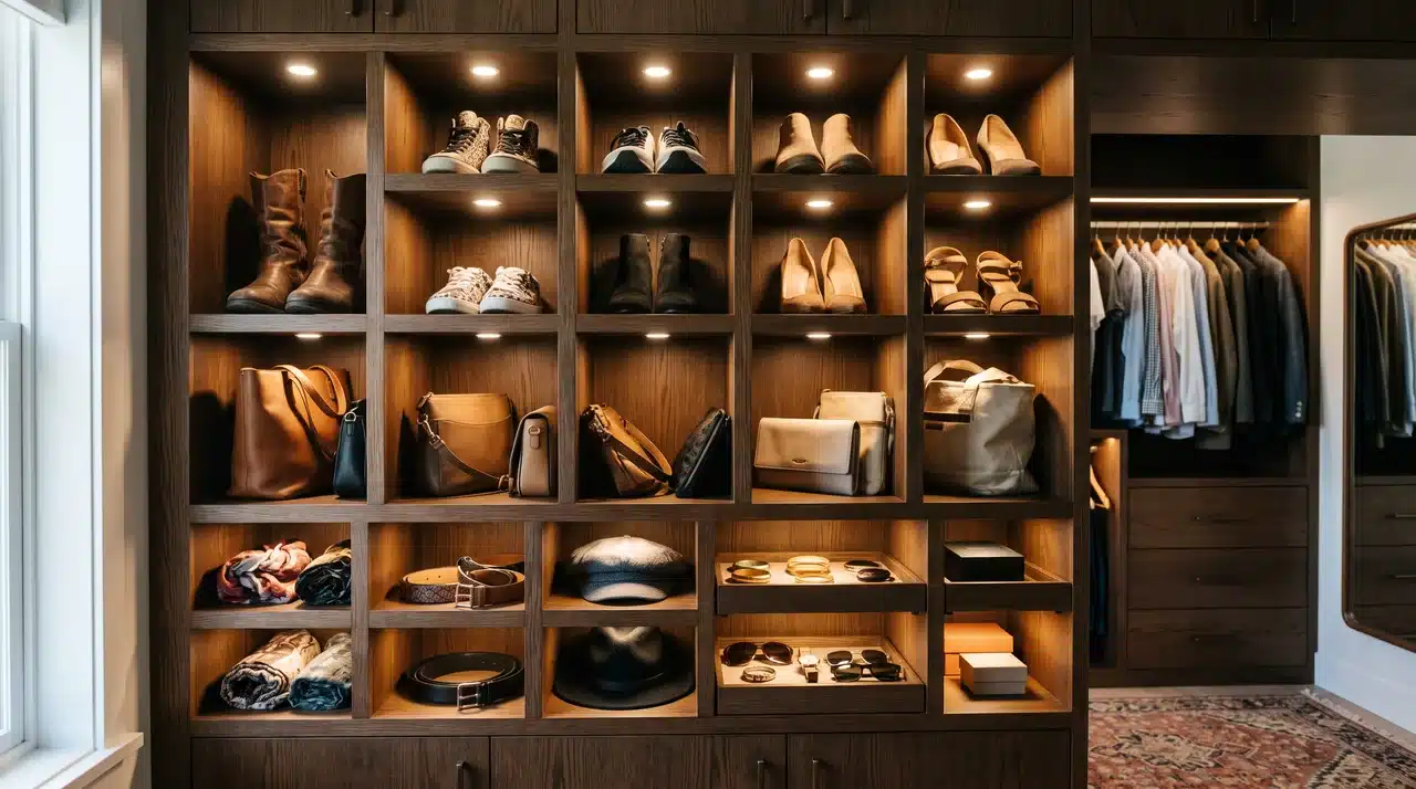 walk in closet cubbies with focused lights displaying shoes bags and accessories