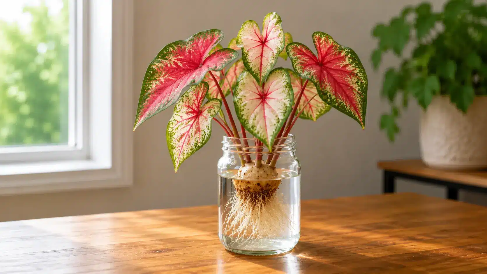 arrowhead-shaped leaves featuring vibrant red centers and green edges