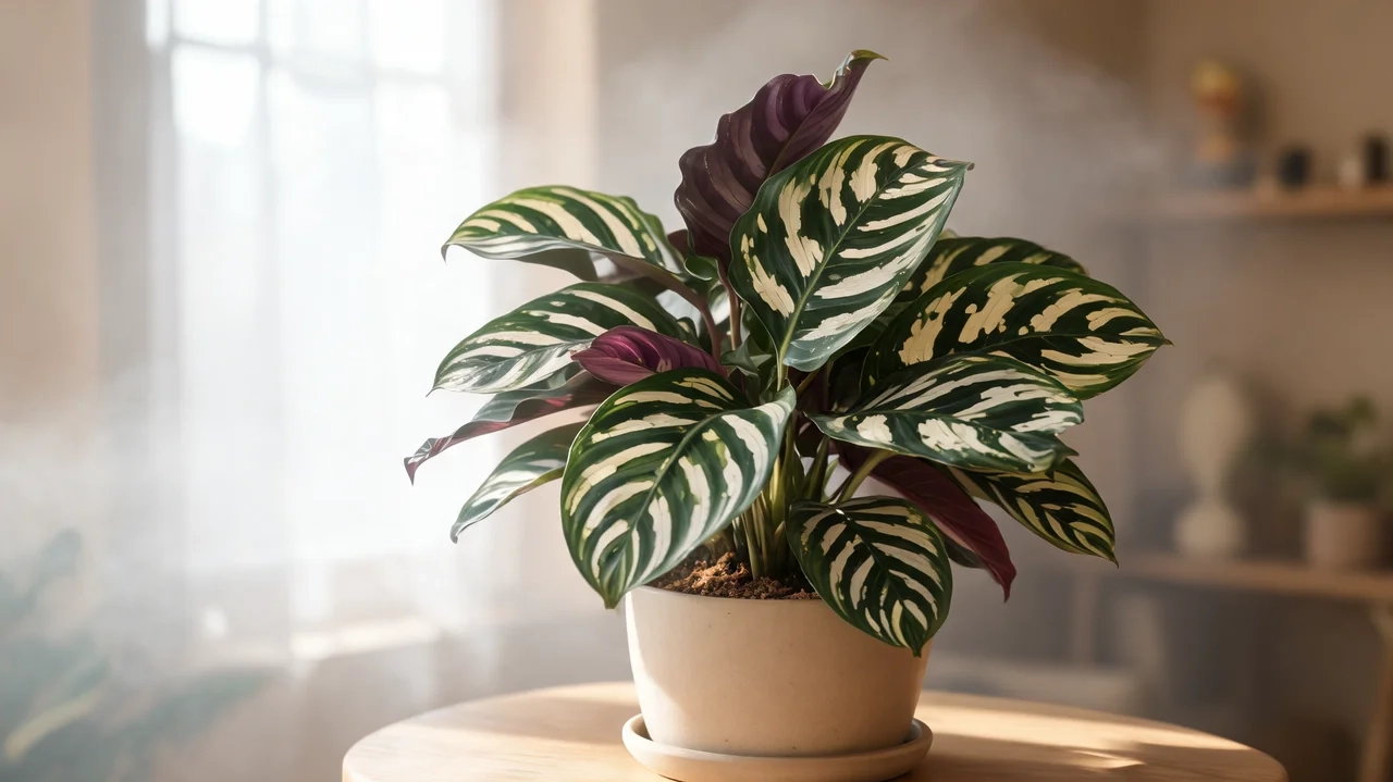 calathea plant with striped green, cream, and purple leaves in a ceramic pot on a wooden table indoors
