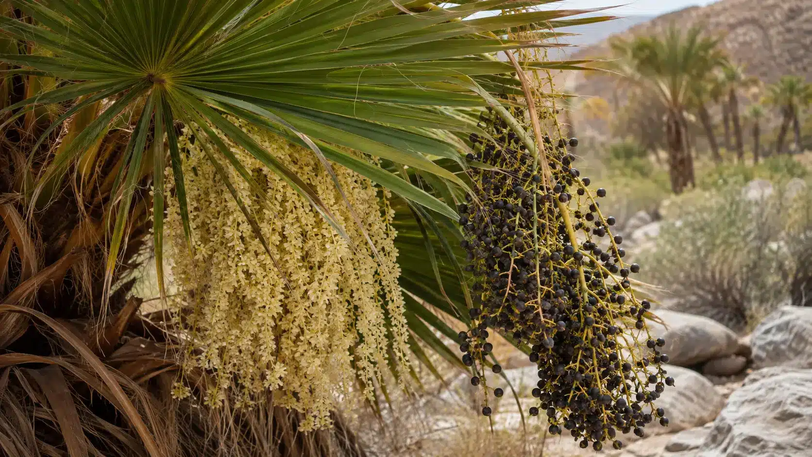 california fan palm with pale flower clusters and dark fruit hanging beside green leaves in a rocky oasis