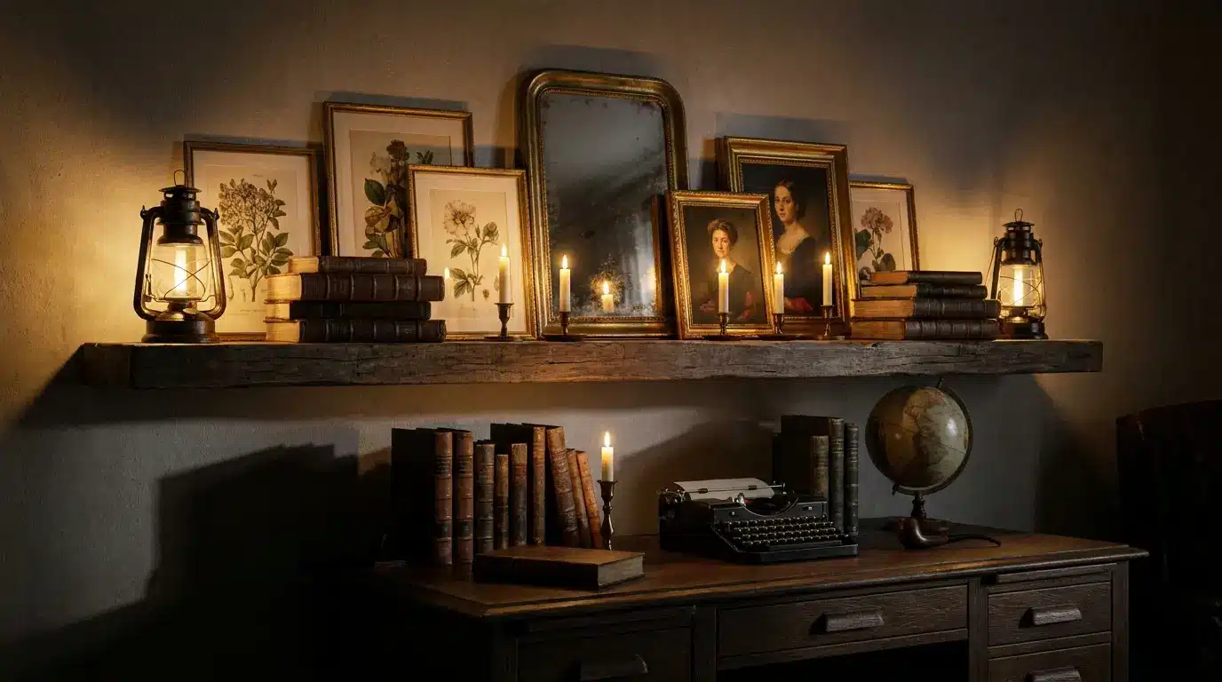 candle style shelf lighting with framed art books and warm glow in a quiet bedroom