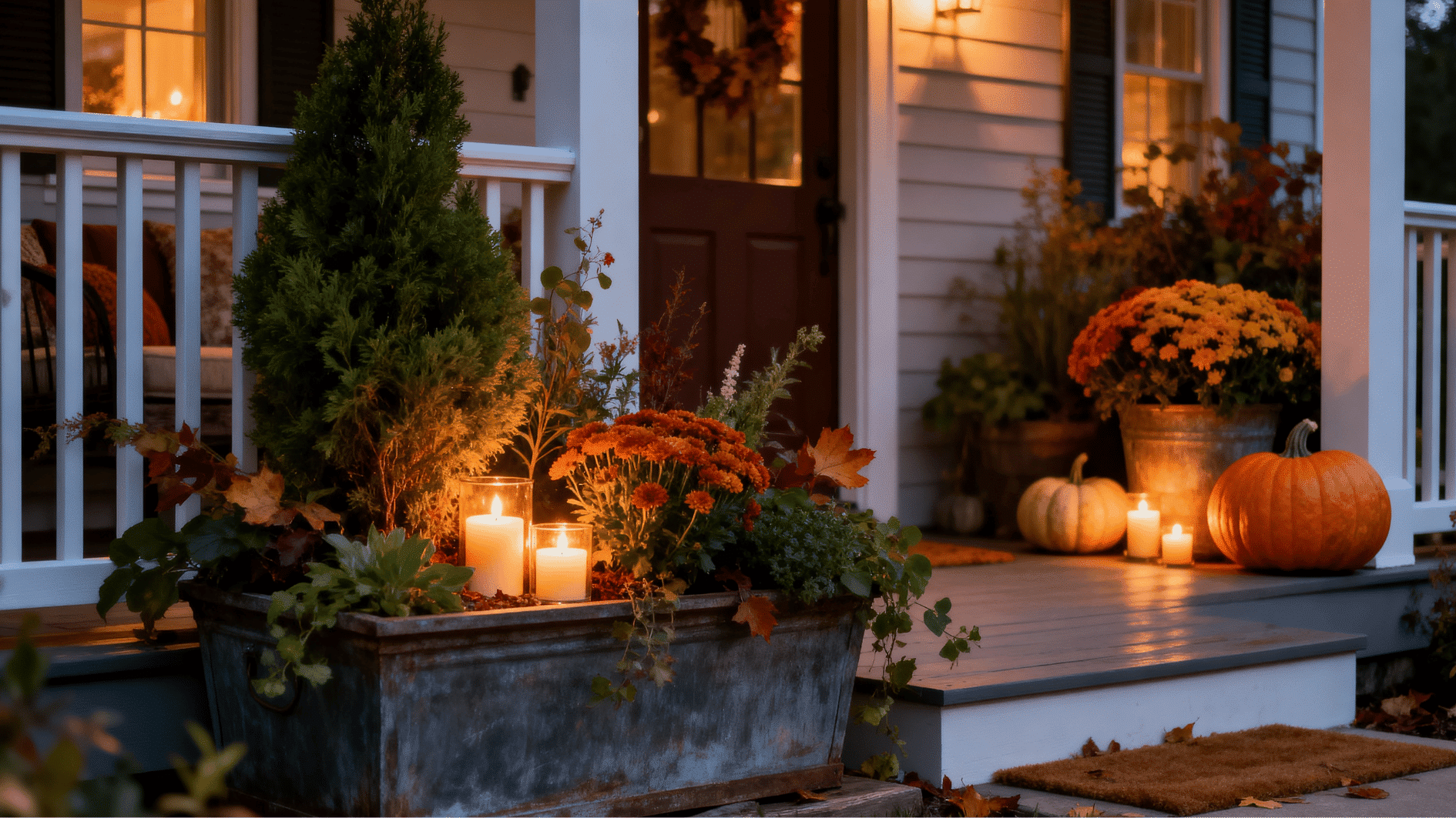 candlelit porch planters with glowing candles, greenery, mums, and pumpkins in warm evening autumn light.