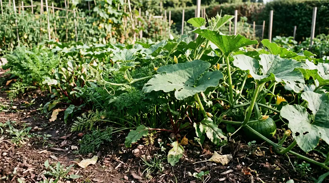 pumpkin vines spread over carrots and beets in a busy vegetable bed with limited growing space