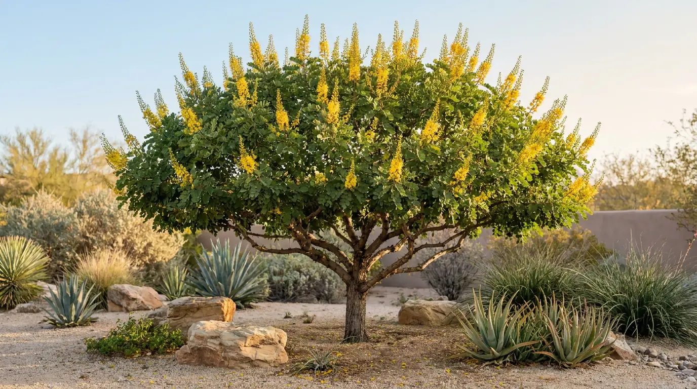 cascalote tree with rounded green leaves yellow flower plumes and thorny branches in a dry garden