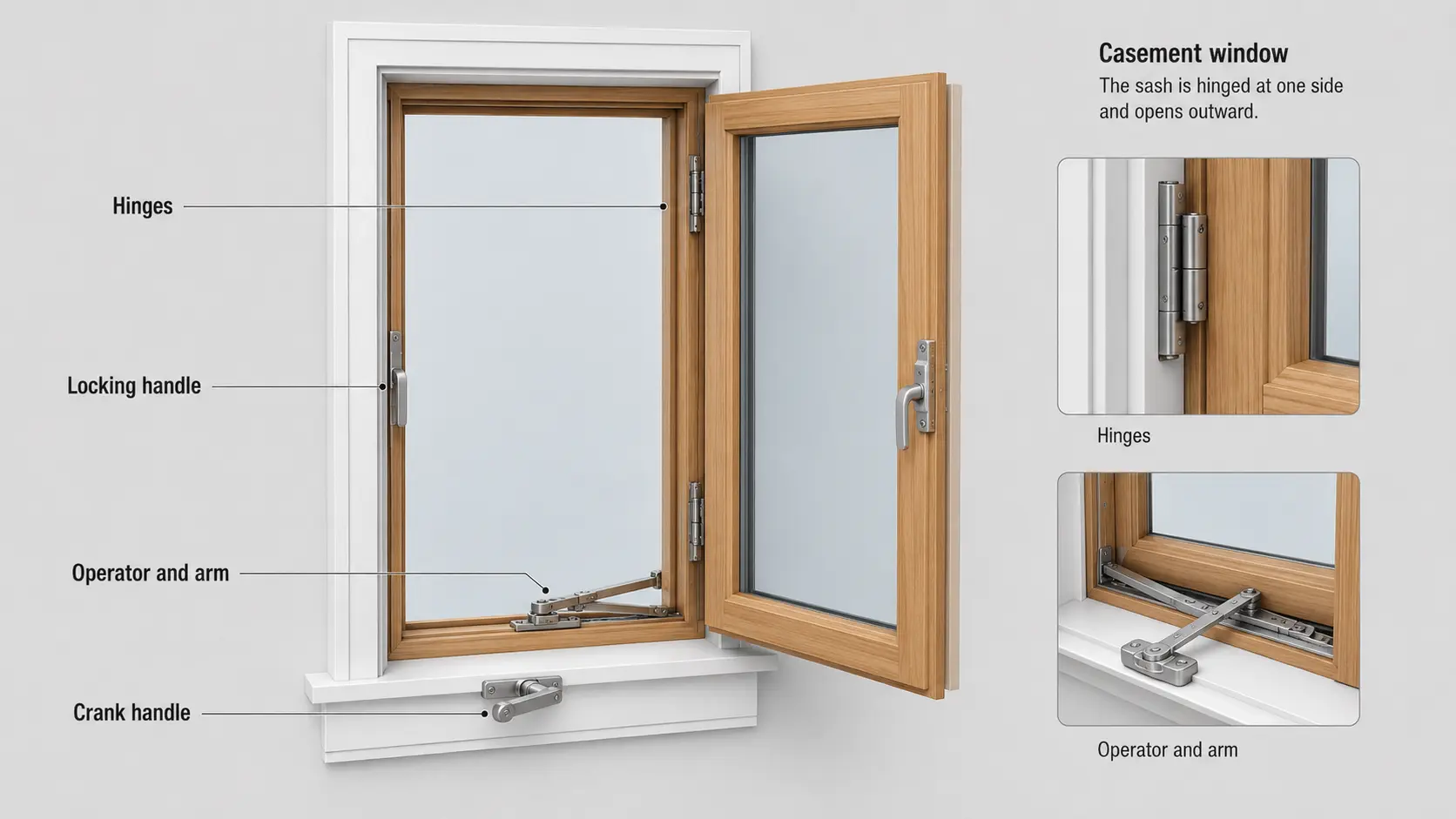 casement window diagram showing side hinges locking handle crank and operator arm on an open wood sash