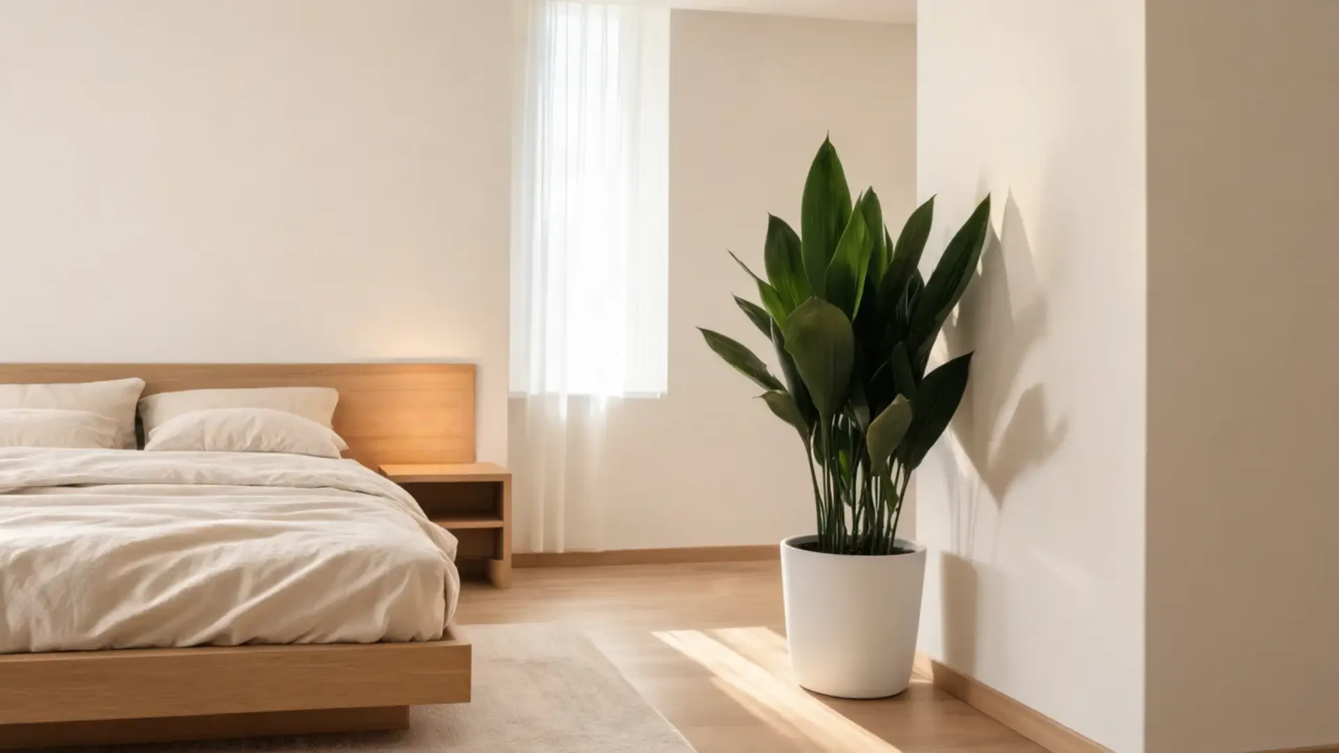 cast iron plant with tall dark green leaves in a white floor pot beside a wooden bed in a bright bedroom