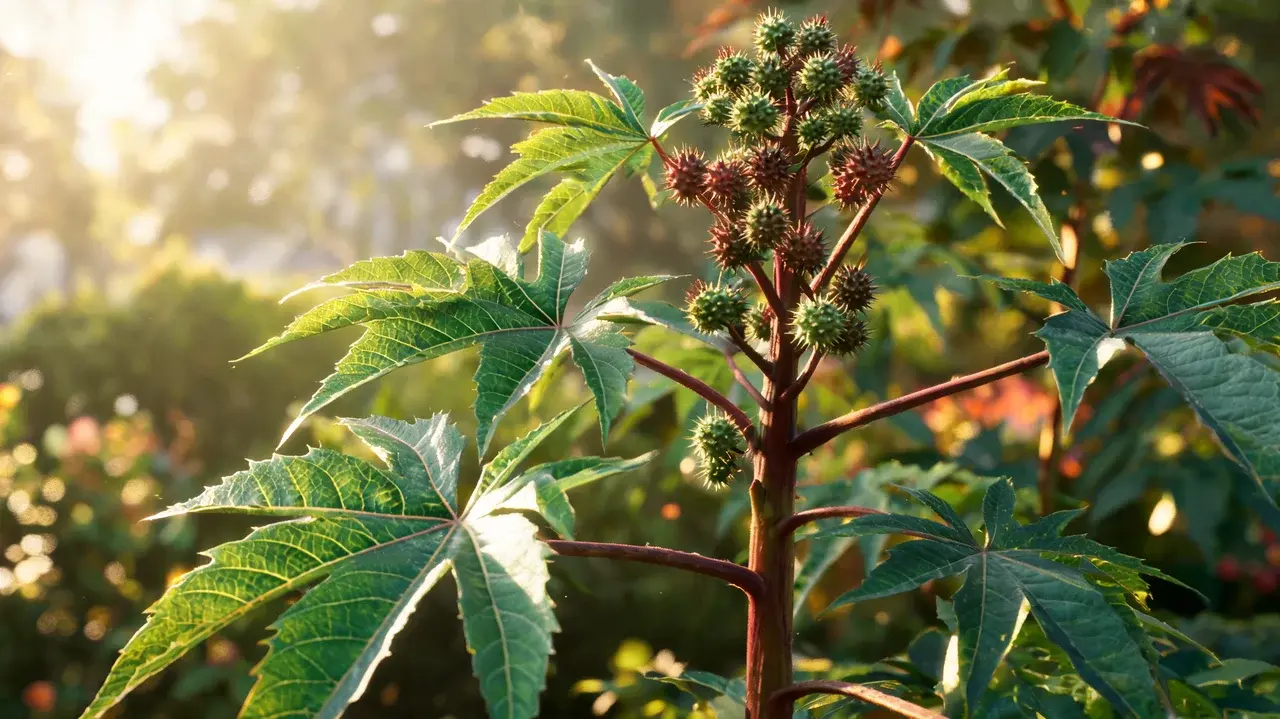 castor bean plant with large star-shaped leaves and spiny red seed pods growing naturally in a warm garden