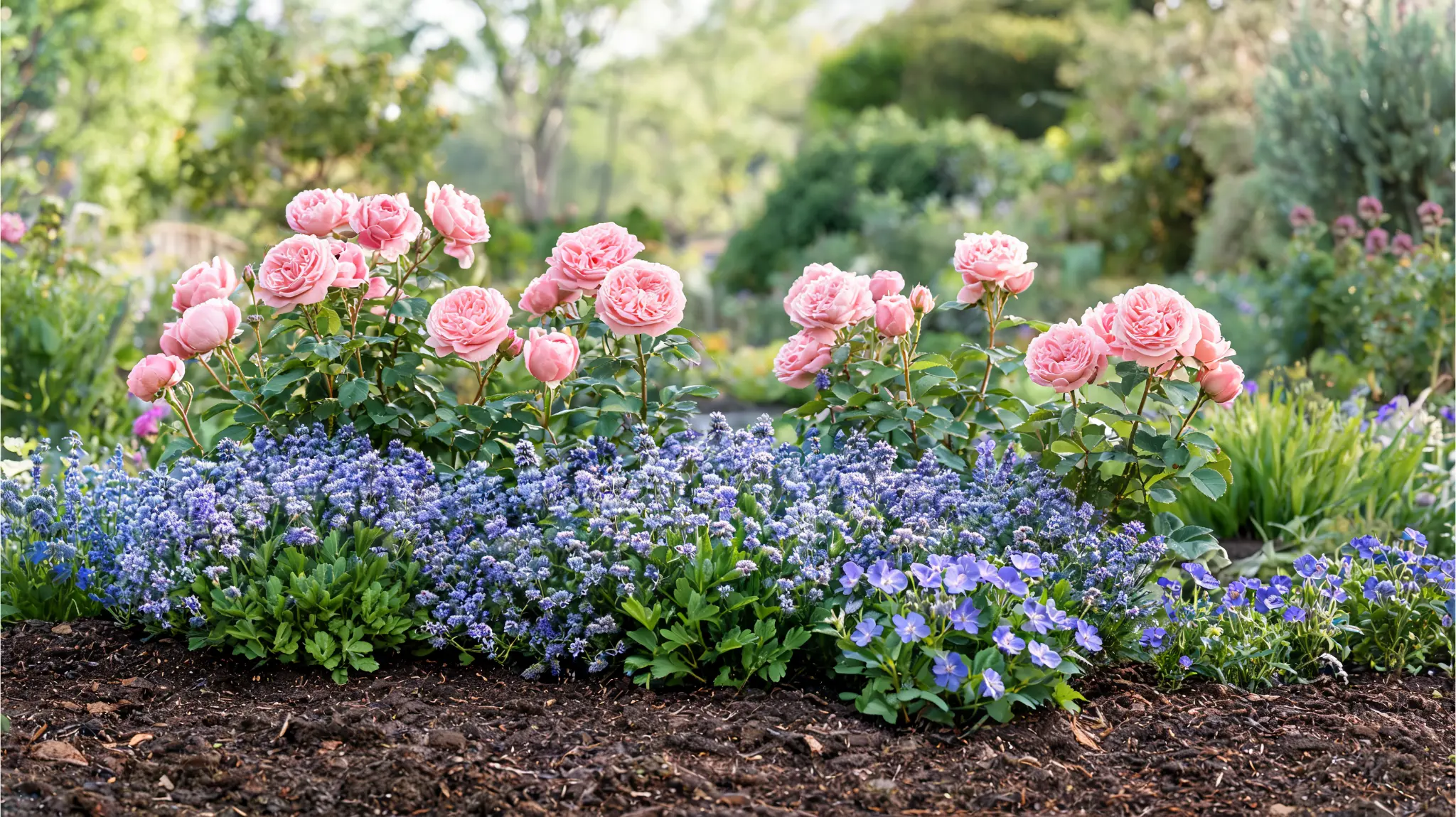 catmint and hardy geranium as rose companion plants covering bare rose stems