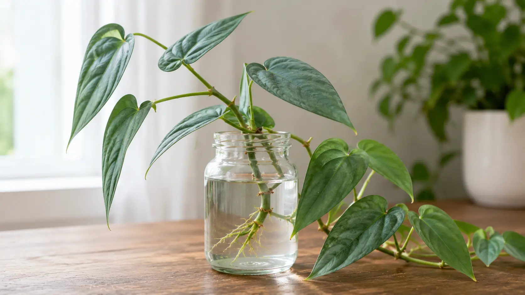 cebu blue pothos cuttings with long blue-green leaves growing in a clear jar beside a window
