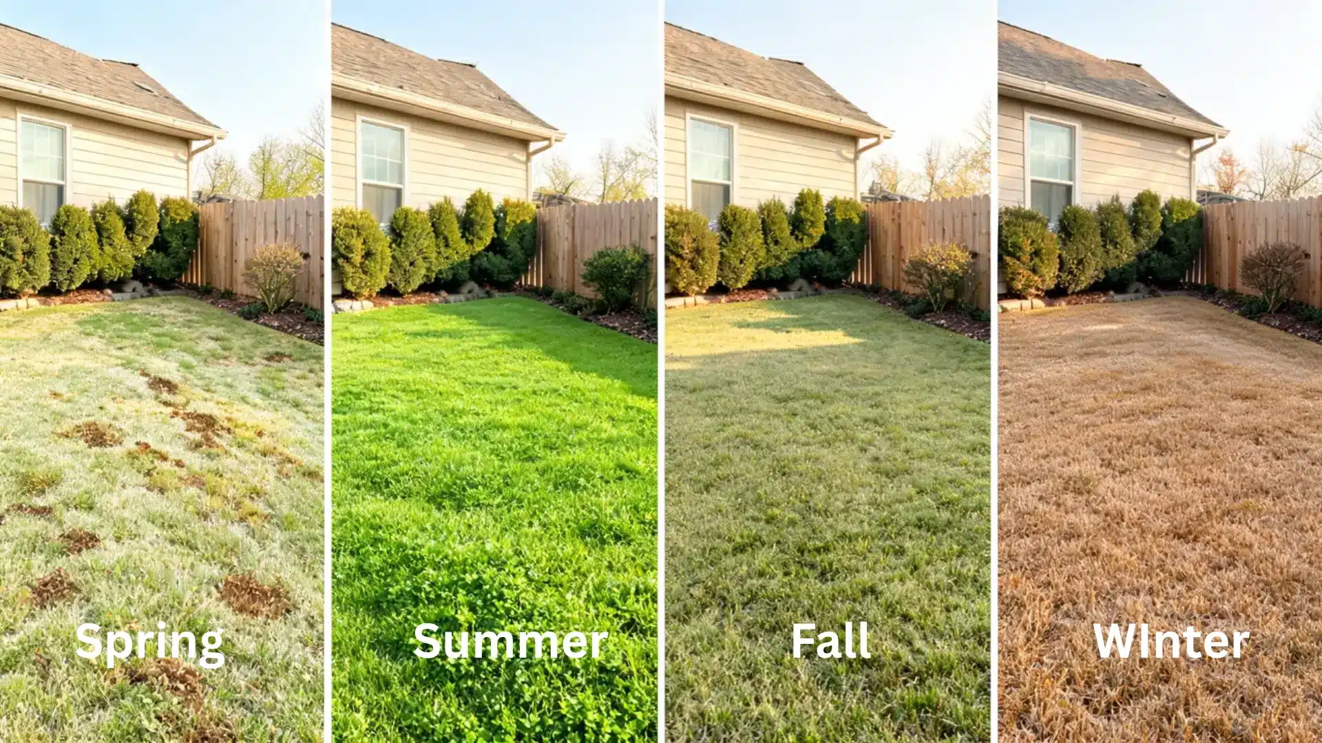 centipede grass lawn shown in spring, summer, fall, and winter across four matching panels