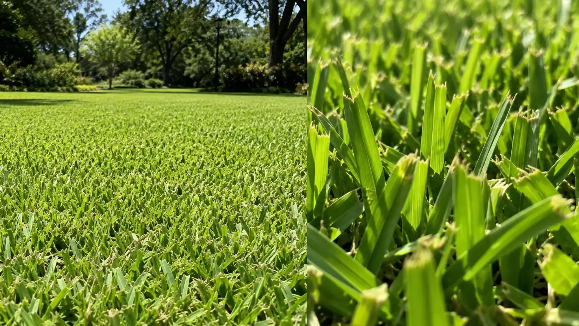 side by side views of a dense green centipedegrass lawn and close up showing broad blades with cut tips
