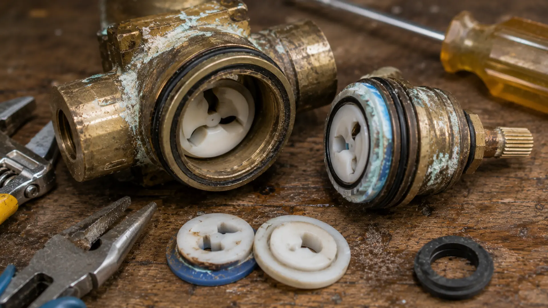 old ceramic disc shower valve with exposed internal components