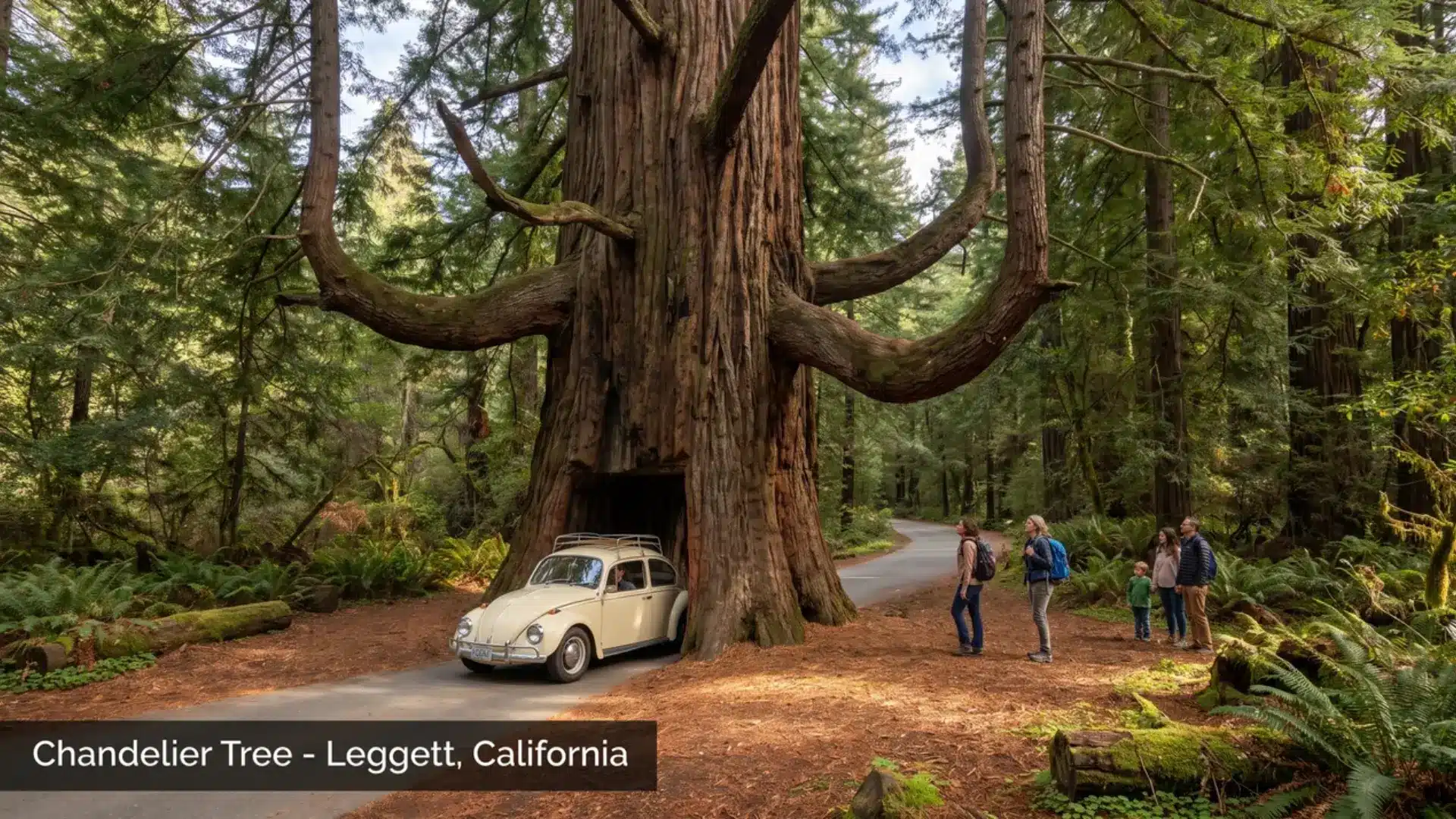 cream car driving through chandelier tree as visitors watch in the redwood forest near leggett