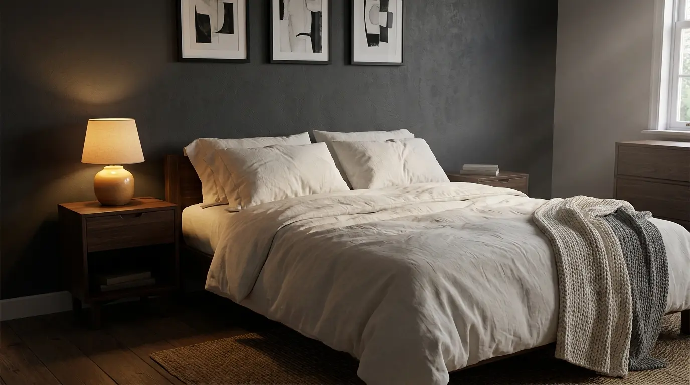 charcoal bedroom wall with pale bedding warm lamp black frames and wooden furniture