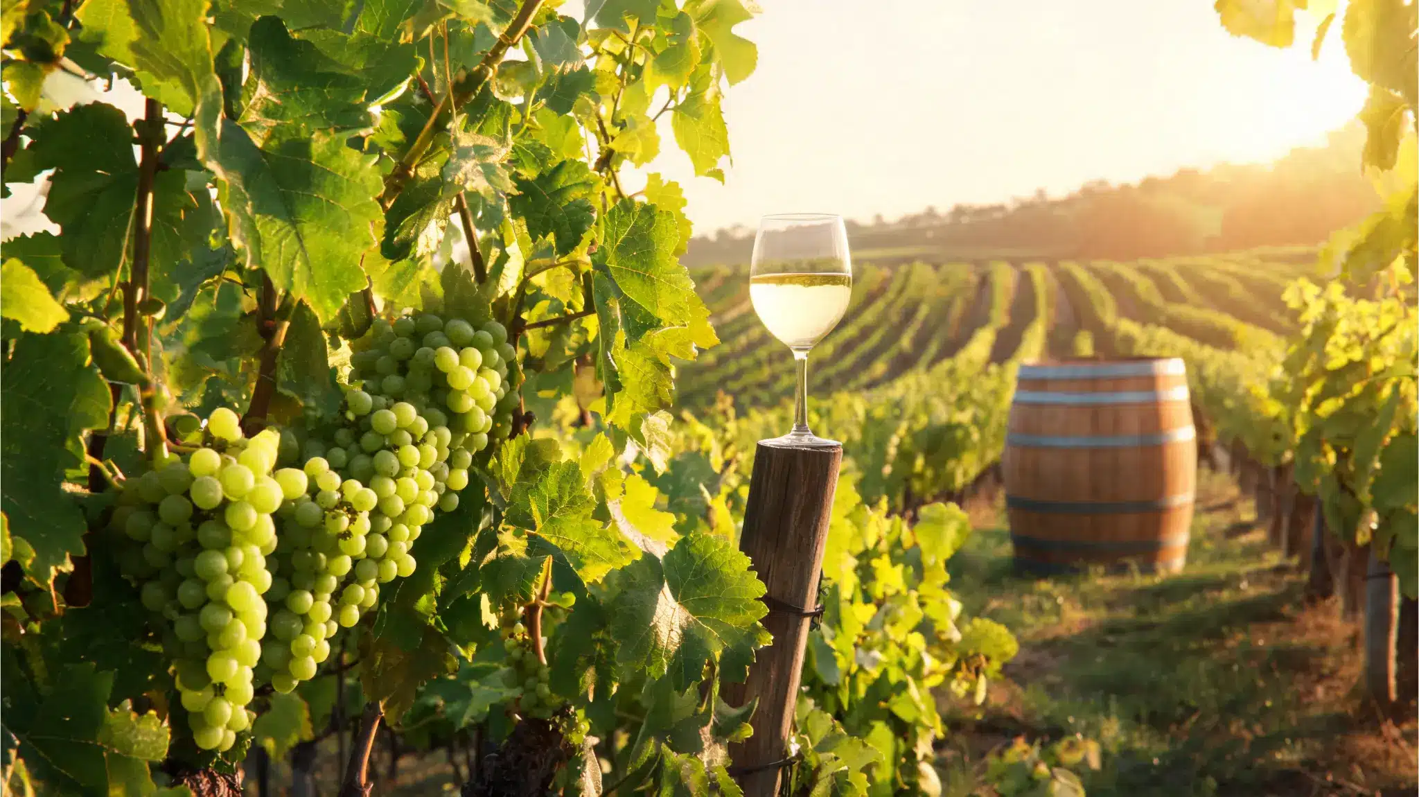 chardonnay grapes on the vine with a glass of white wine