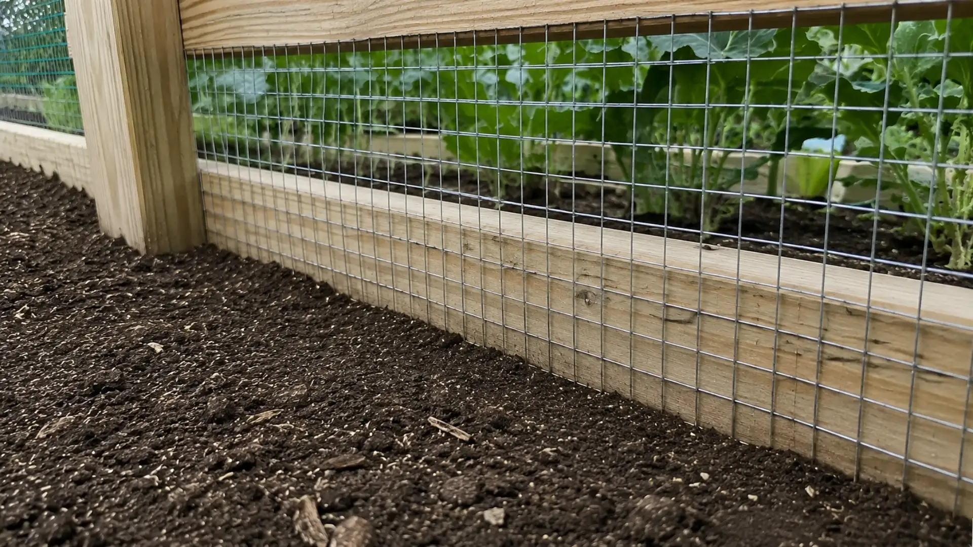 close-up of a garden fence base showing tight wire mesh with no gaps at ground level