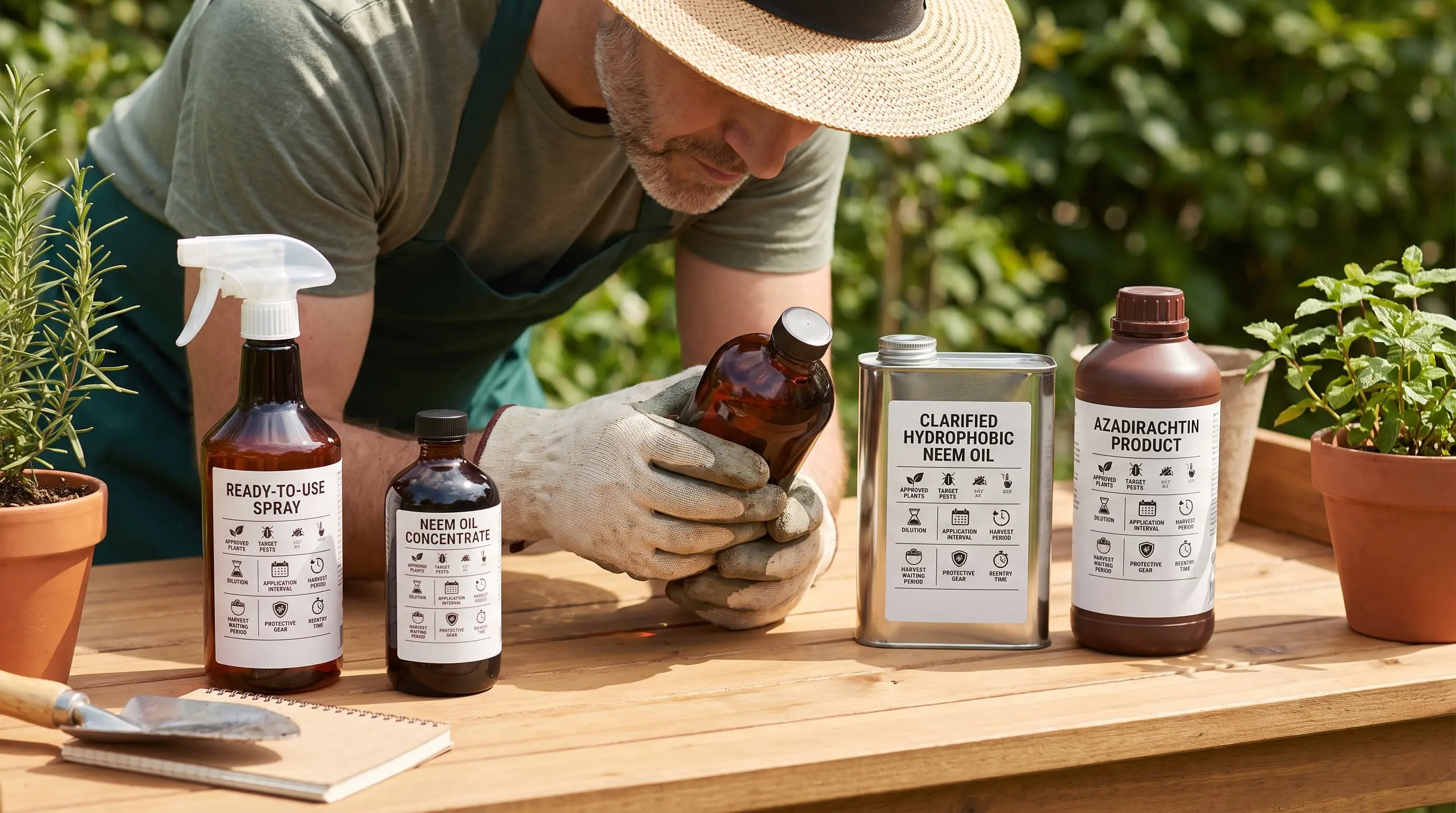 closeup of a neem oil concentrate bottle and product label being checked before mixing