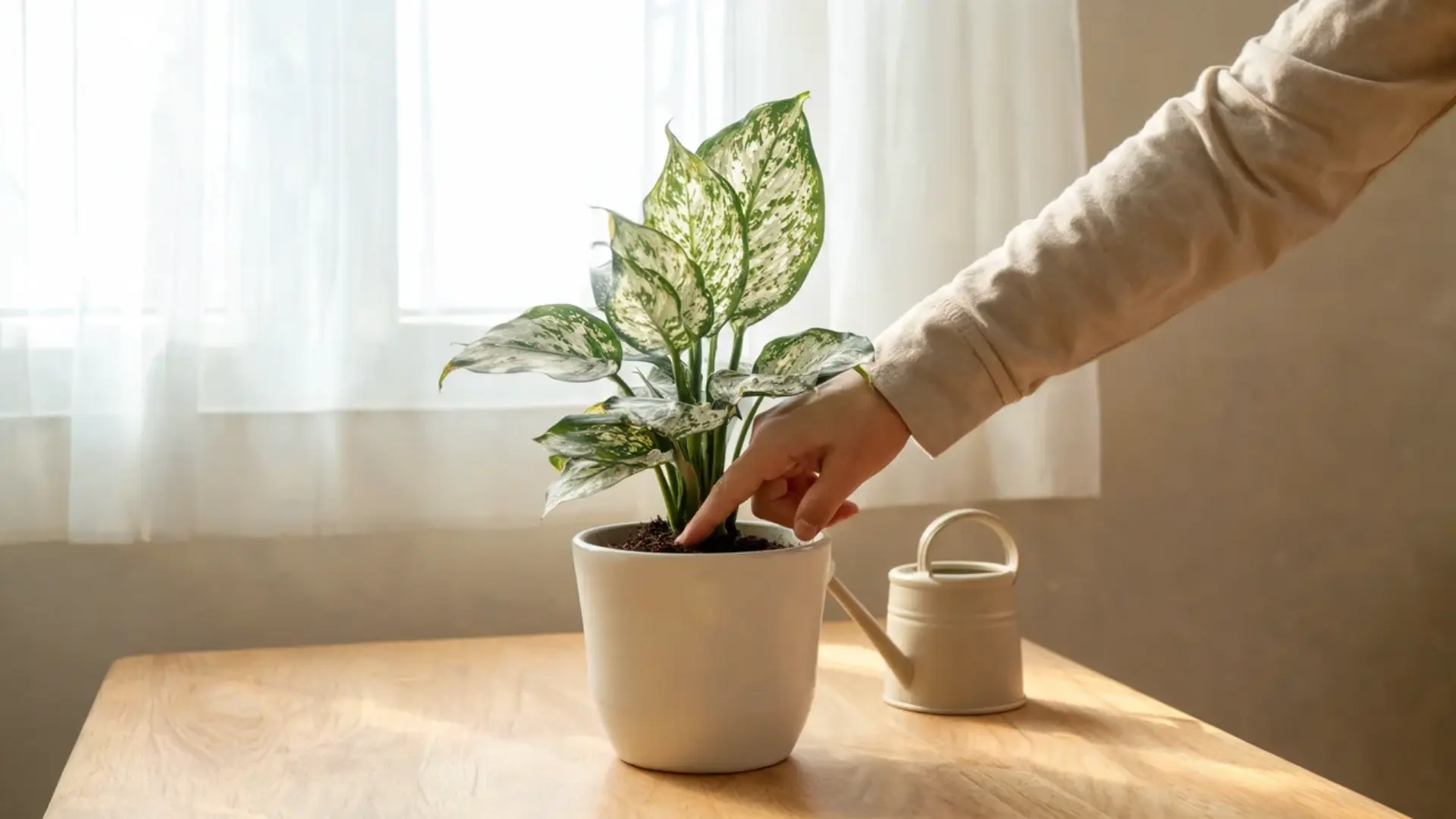 a hand inserting a finger into potted soil to check moisture level before watering a leafy houseplant