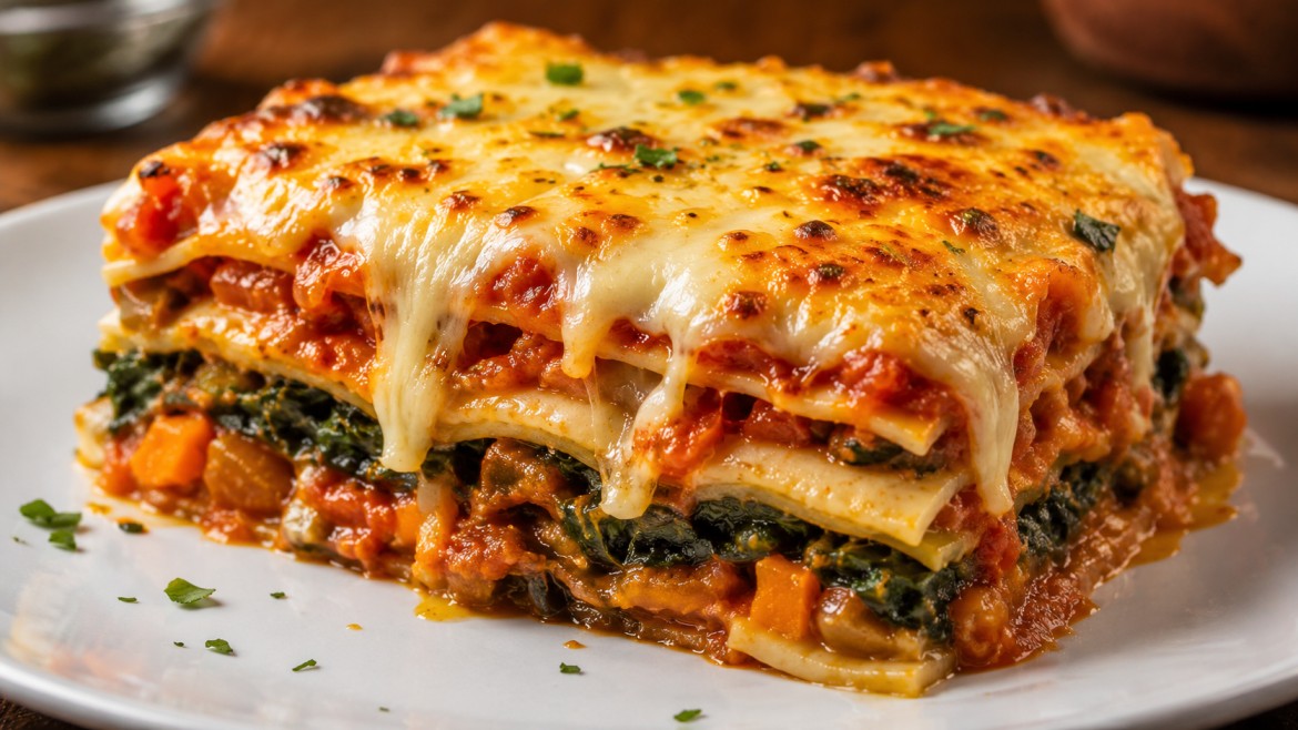 winter vegetables cheesy vegetable lasagna with tomato sauce melted cheese greens and orange filling