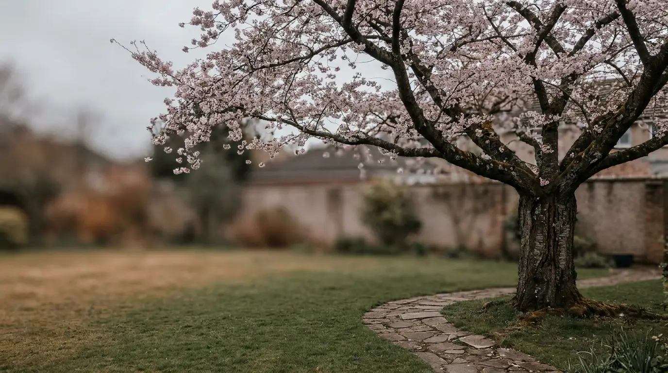 Blossoming cherry tree in a garden with stone pathway under overcast sky