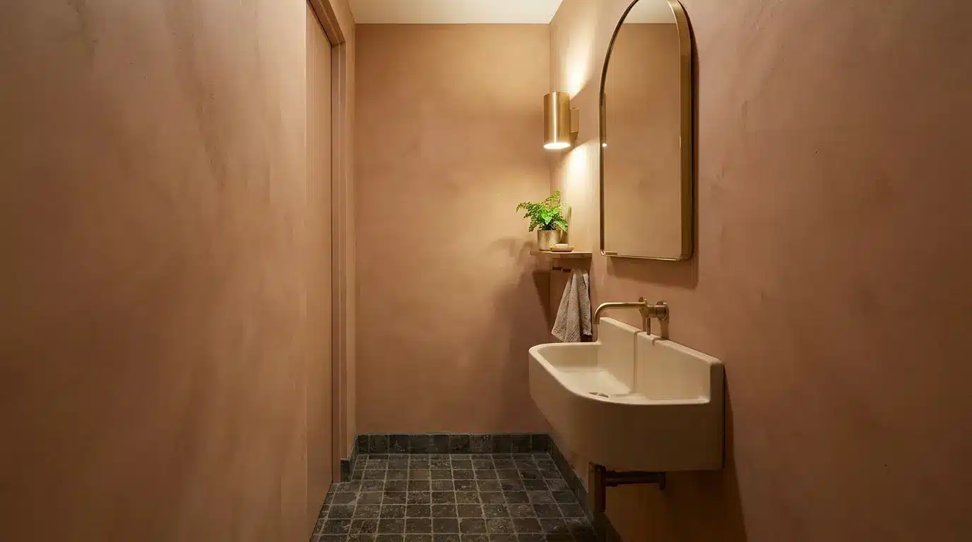 chic quarter bathroom with one wall mounted fixture brass accents and warm stone tile