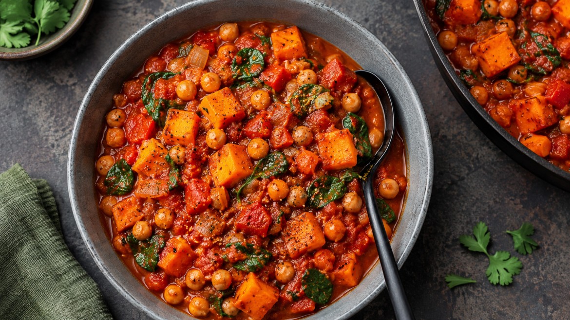winter vegetables chickpea sweet potato stew with spinach red pepper tomatoes and rich rustic sauce bowl