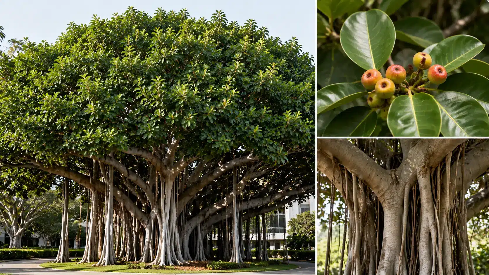 chinese banyan with broad canopy aerial roots and clusters of small figs shown among glossy green leaves