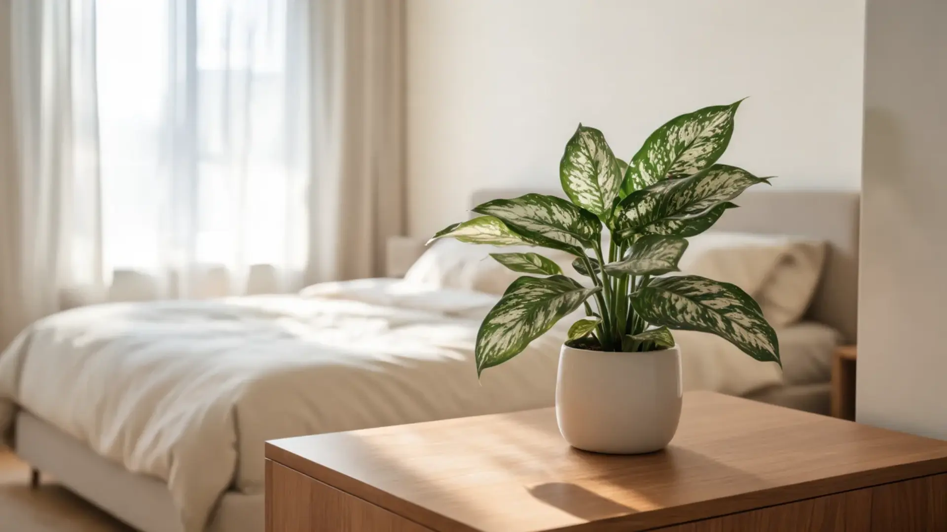 chinese evergreen with silver green leaves in a white pot on a wooden dresser in a bright bedroom