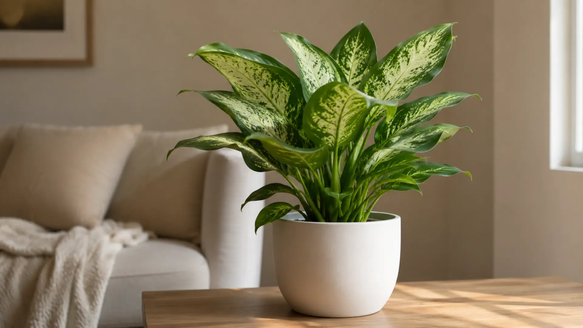 variegated chinese evergreen with green cream and pink leaves in a pot beside a bright indoor window