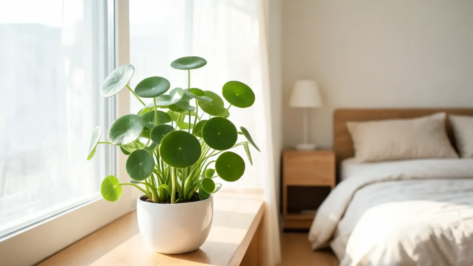 chinese money plant with round green leaves in a white pot on a sunny windowsill beside a neutral bed