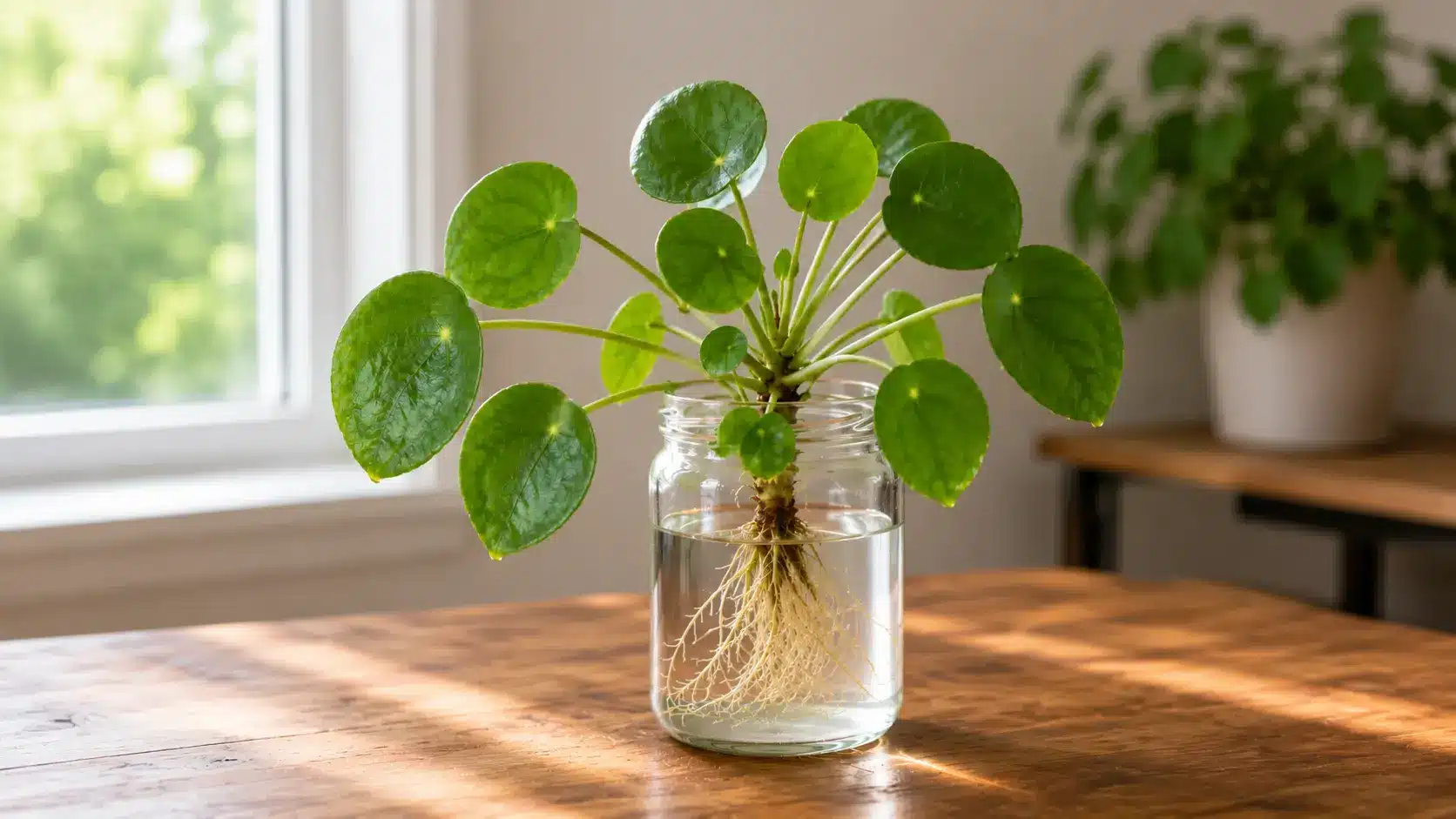 pilea plant with round green leaves and visible roots growing in a glass jar of water by a sunny window