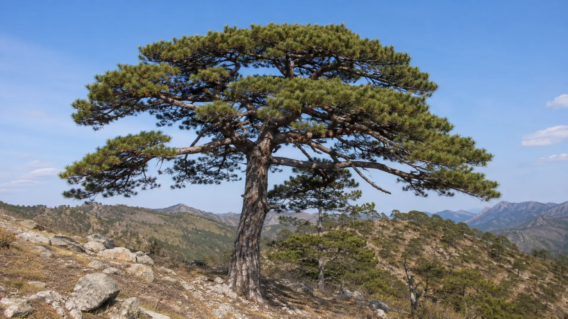 chinese red pine with dark green needles gray brown bark and a broad flat topped crown in mountain forests
