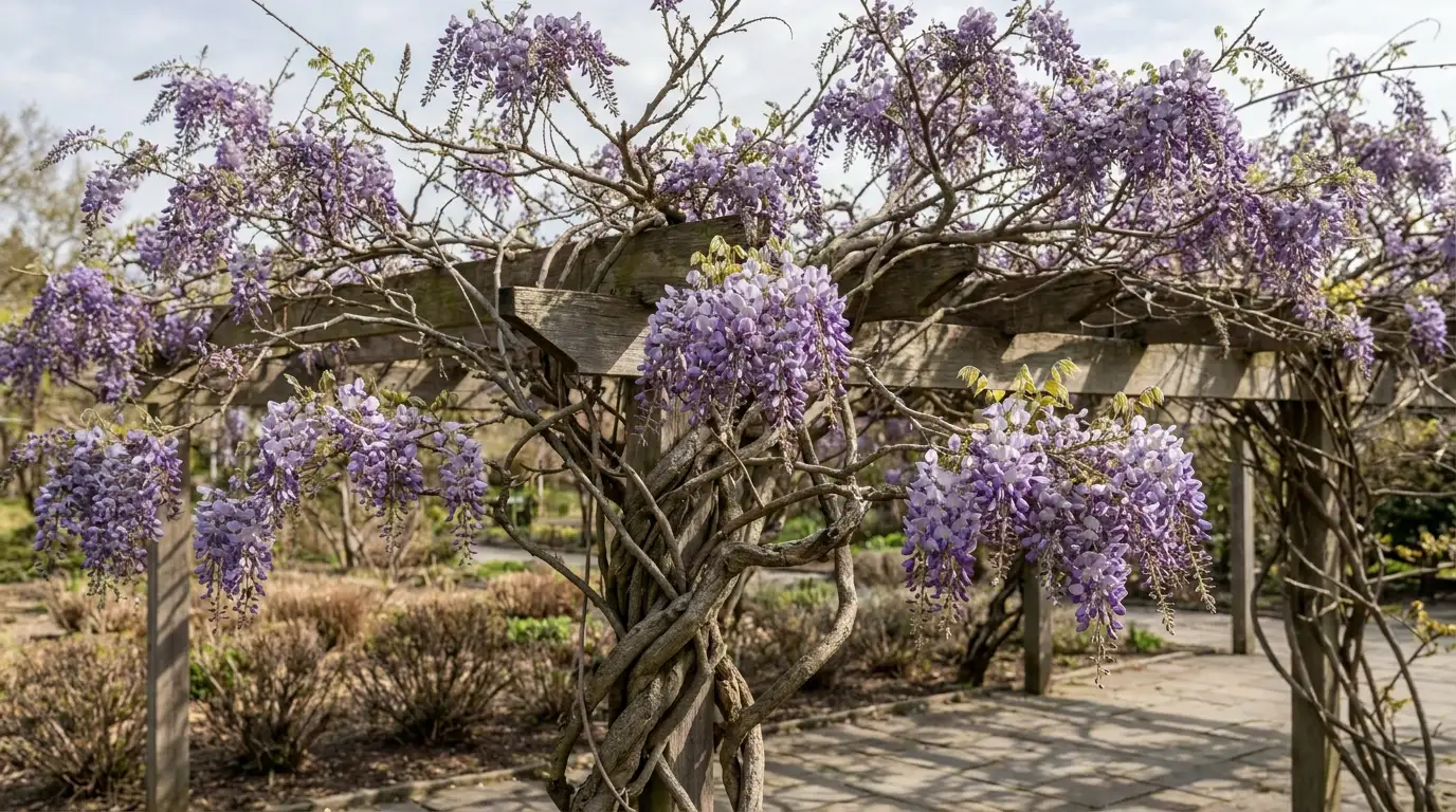 chinese wisteria blooming on bare woody stems across a wooden pergola in an early spring garden