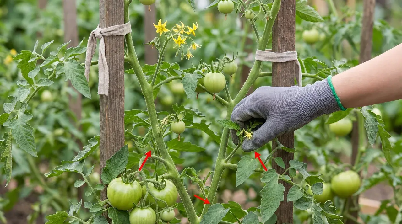 gardener selecting the strongest and most productive tomato stems while removing the weaker ones