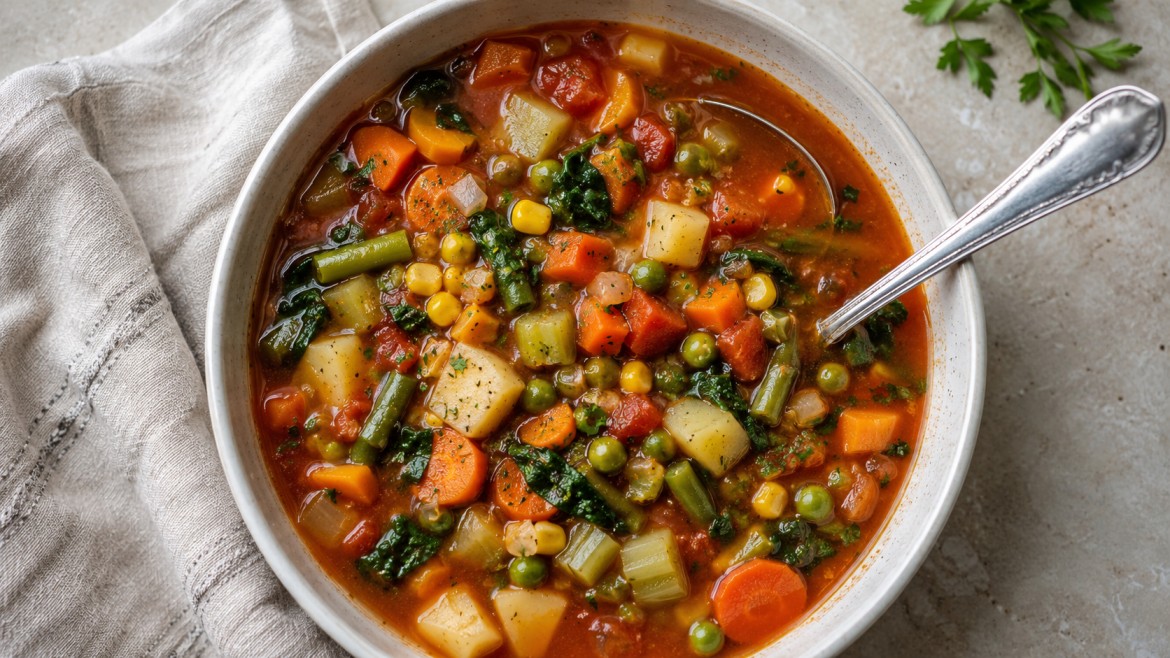 winter vegetables chunky soup with carrots potatoes peas corn green beans tomatoes and fresh garden herbs