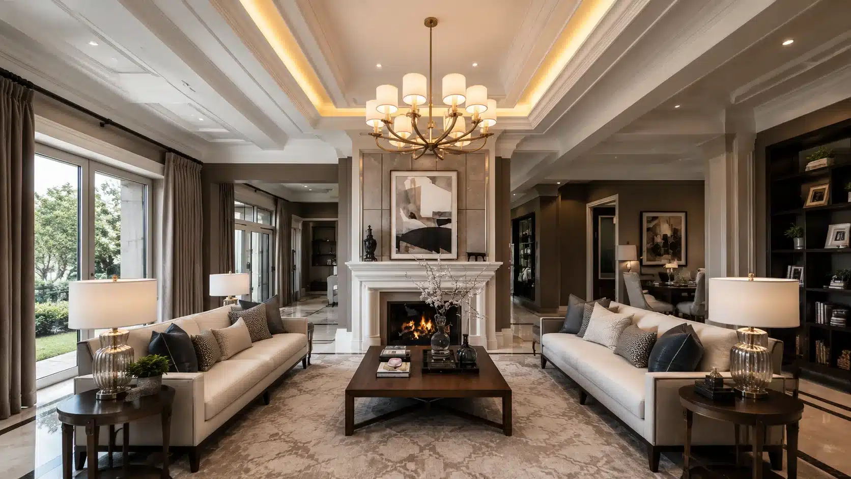 classic living room with layered tray ceiling design chandelier and warm cove lighting details above seating area