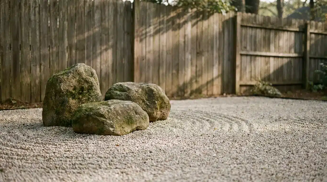 classic rock gravel zen garden ideas with raked stone lines, smooth rocks, and calm backyard space