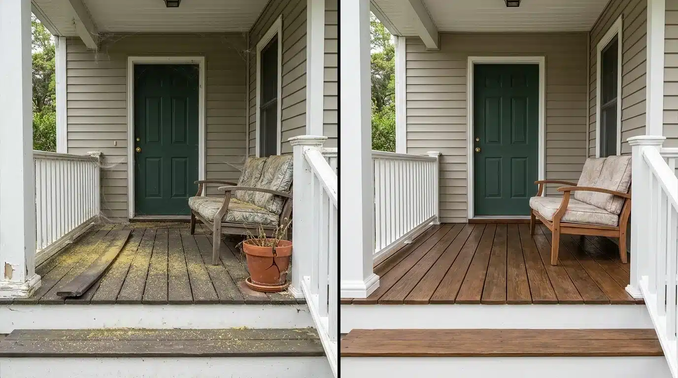 clean declutter and repair the porch shown in a before and after comparison