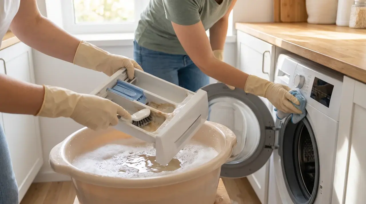 gloved hands scrubbing a removed detergent drawer in a soapy basin near an open washing machine