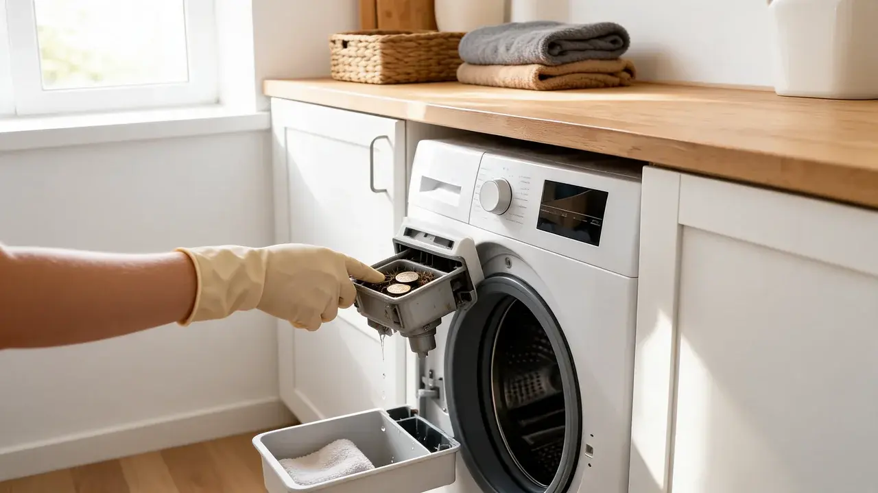 gloved hands removing a washing machine drain filter with water and debris draining into a tray