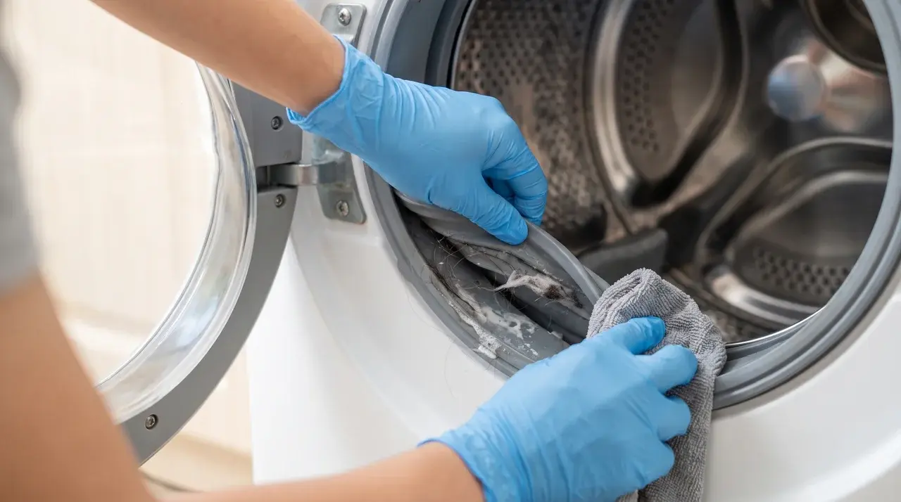 gloved hand wiping built up grime and lint from the rubber gasket inside a washing machine door