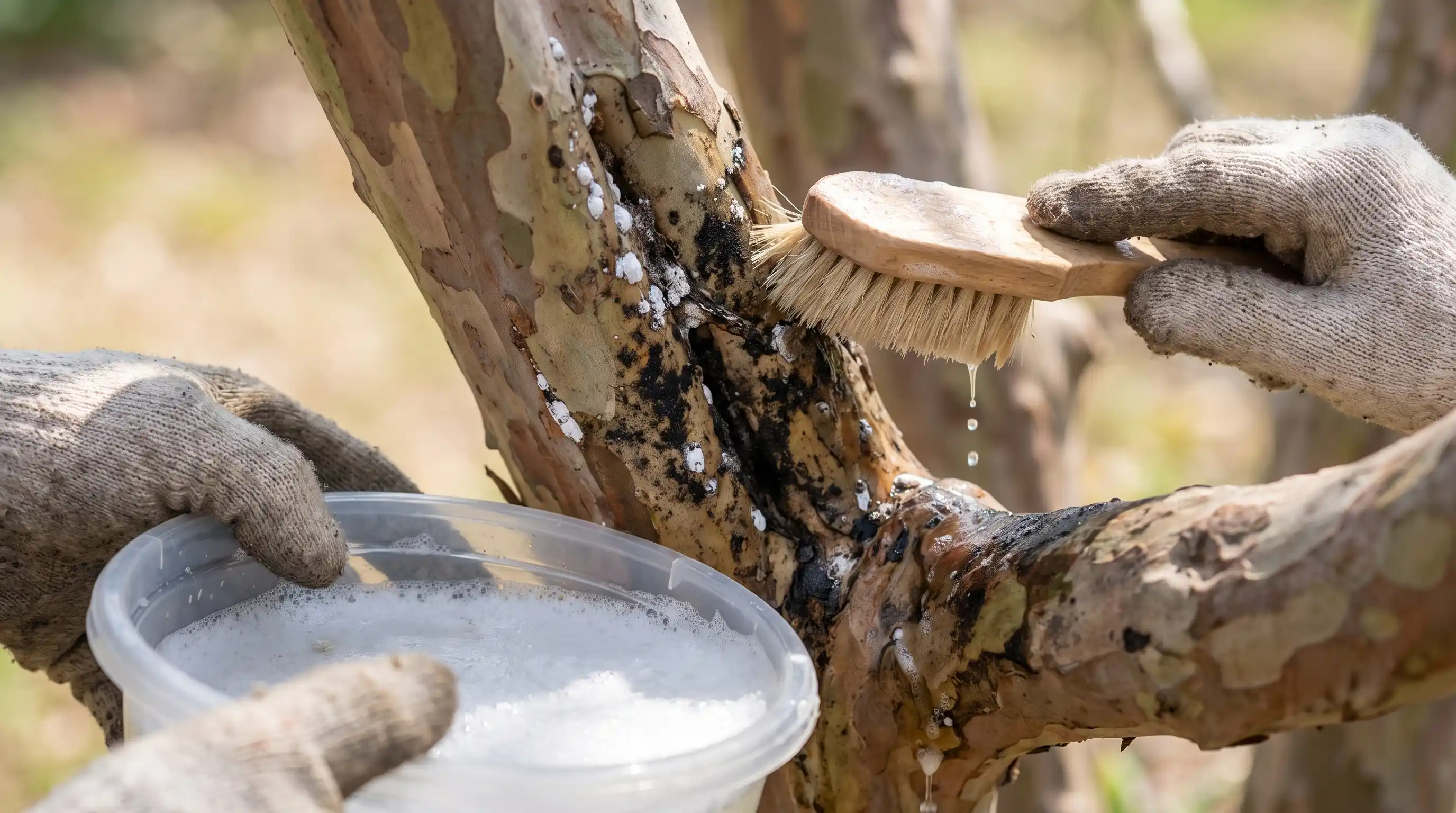 gloved hands gently scrubbing bark scale and sooty mold from a crepe myrtle branch with soapy water