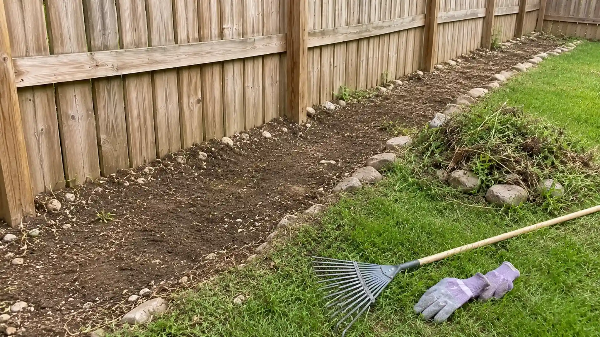 cleared backyard garden fence line with rocks and weeds removed before building a garden fence